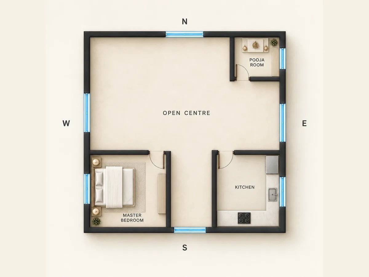 Diagram of a square house plan showing common Vastu room positions: pooja room in the north-east, kitchen in the south-east, master bedroom in the south-west and an open centre