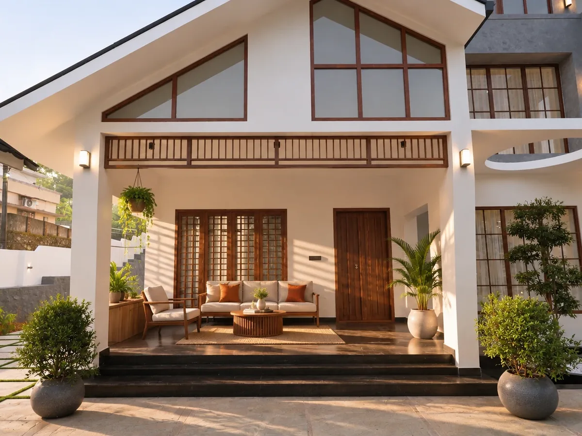 3D render of a sheltered sit-out under a gabled roof with wooden grilles, a sofa and steps, in a Kerala home designed by Oranzai Builders