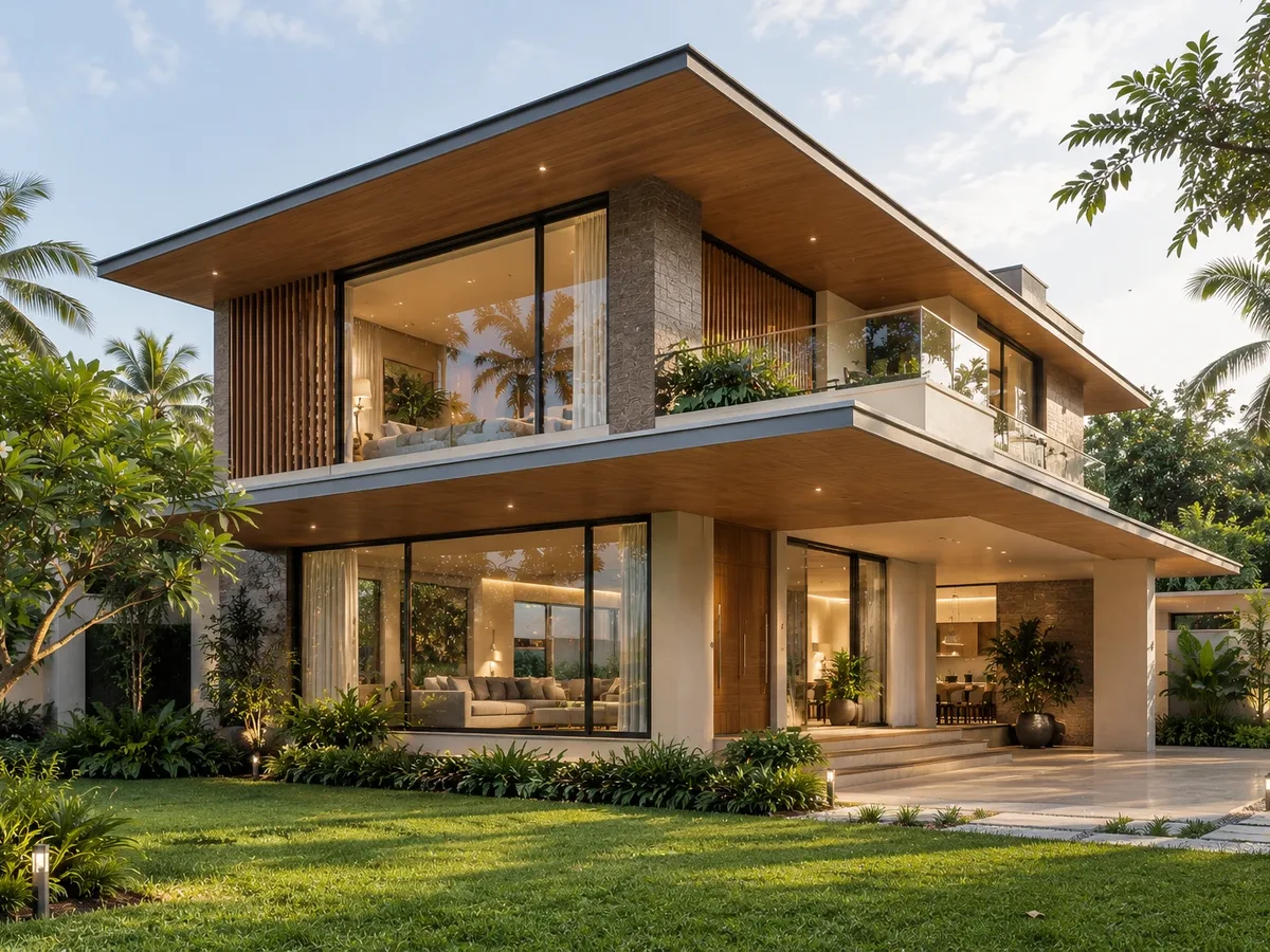 3D render of a two-storey modern Kerala home with floor-to-ceiling glass windows opening onto a lawn and tropical garden