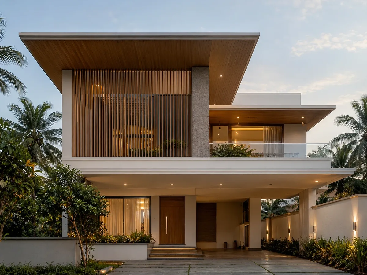 3D render of a modern Kerala home with a deep wooden roof overhang, vertical louvres and a landscaped front, designed by Oranzai Builders