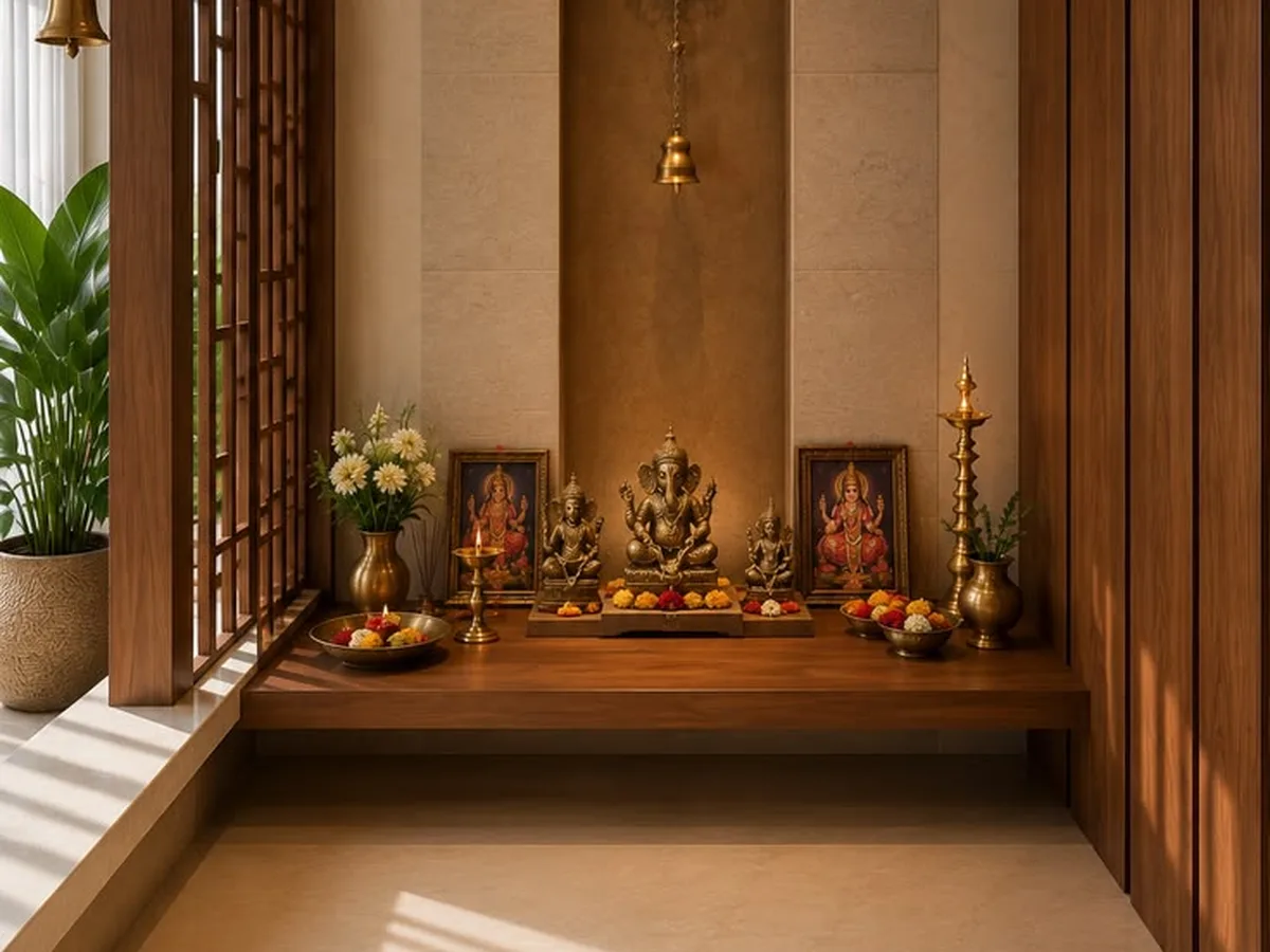 3D render of a modern pooja room with a lit arched niche, brass lamps and bells, and vertical wooden panels, designed by Oranzai Builders