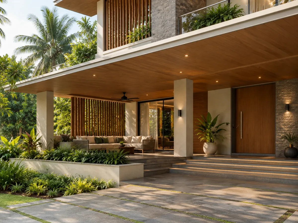 3D render of a covered sit-out with a deep wooden-lined overhang, a vertical wooden screen and lush planting in a modern Kerala home